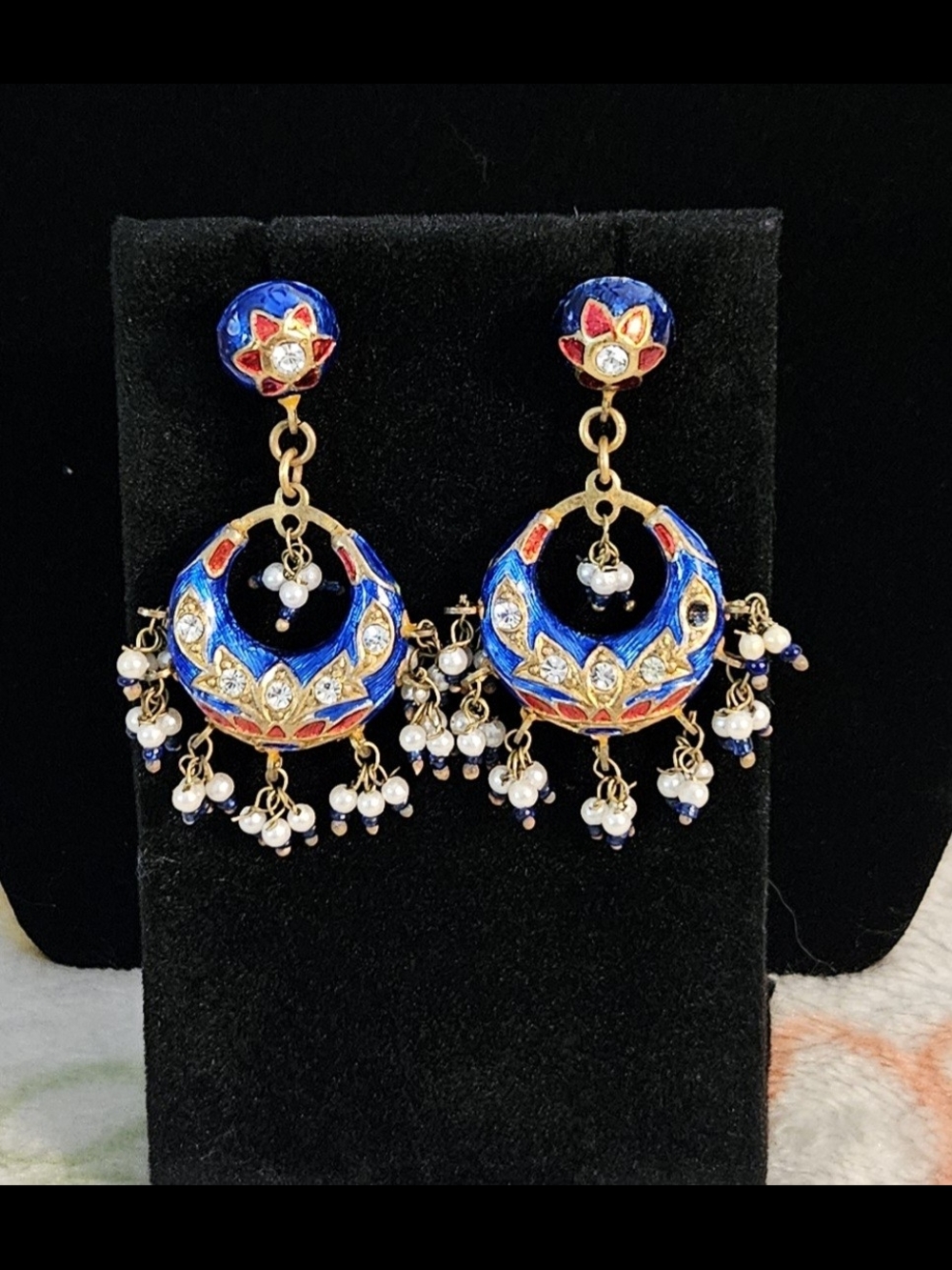 Blue and Gold Enamel Chandbali Earrings with Pearl Drops